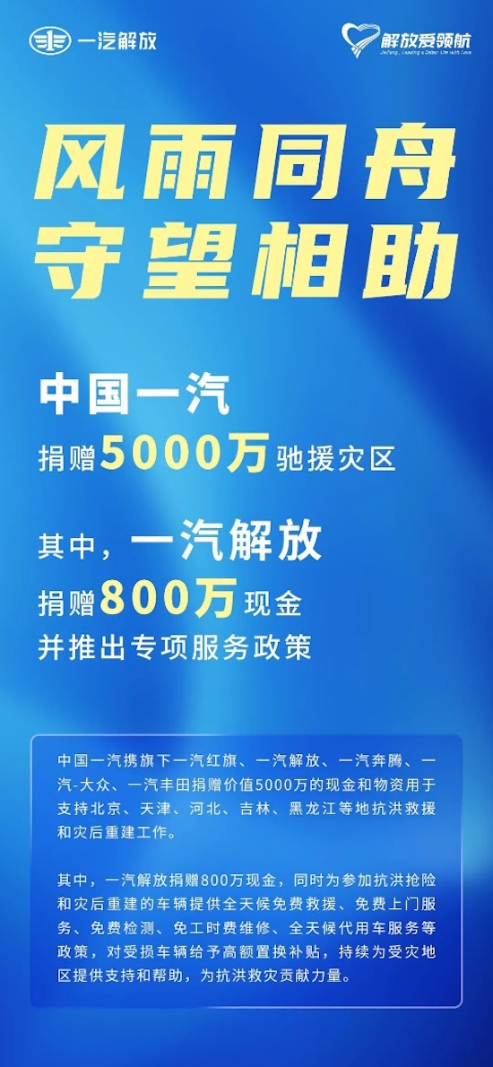 民族品牌勇擔當 一汽解放捐贈800萬元馳援災區_fororder_image001