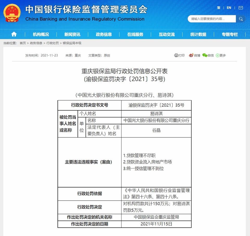 【轉載】因貸款管理不盡職等，光大銀行重慶分行被罰150萬