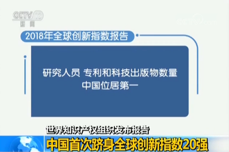 世界知識産權組織發佈報告：中國首次躋身全球創新指數20強