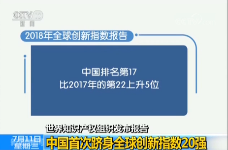 世界知識産權組織發佈報告：中國首次躋身全球創新指數20強