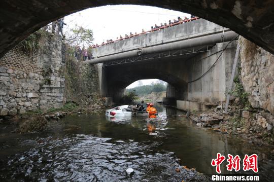 轎車墜入5米高路邊水塘 車內兩男子生還