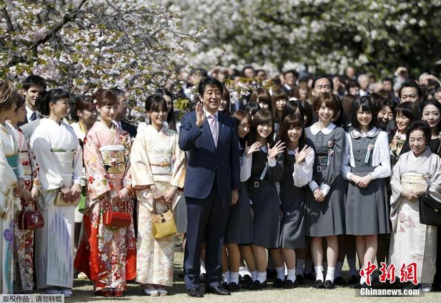 安倍參加年度賞櫻大會 與少女組合成員一同擺pose