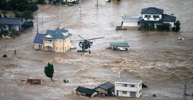 日本暴雨致上萬房屋被淹 居民抱狗爬屋頂等救援