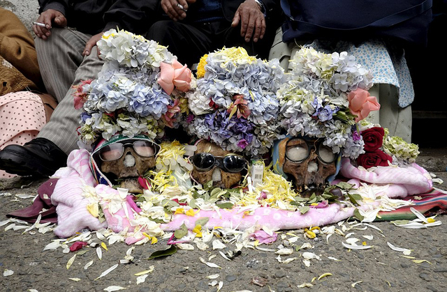 玻利維亞人裝扮死人頭骨祈福 為其戴帽子鮮花