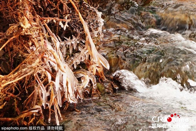 新疆吐魯番氣溫驟降 火焰山下現冰挂奇觀