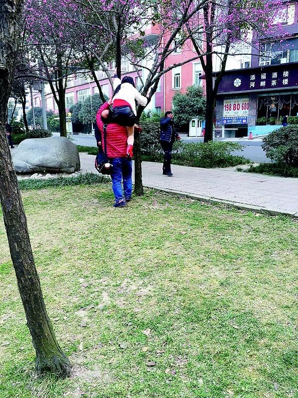 成都中年婦女錦江河邊賞花 攀上樹枝留影(圖)