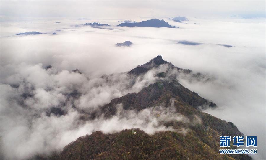 航拍陜西南宮山 雲霧繚繞 層林盡染