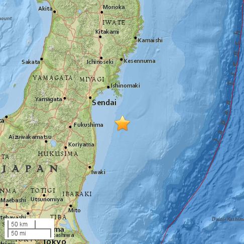 日本本州島東部近海5.8級地震 震源深40.7公里