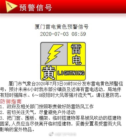 廈門發佈雷電黃色預警信號 預計未來6小時局地有短時強降水