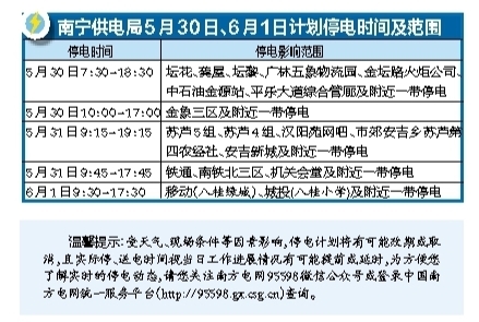 南寧供電局5月30日、6月1日計劃停電時間及範圍