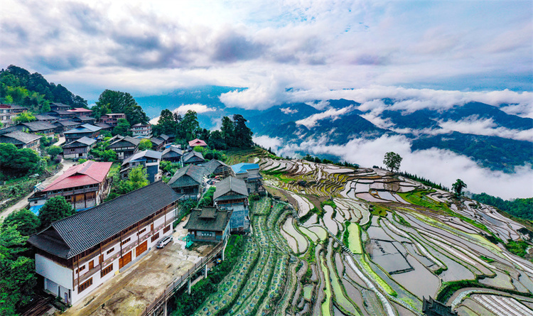 廣西龍勝：和美鄉村 夏景如畫_fororder_5月12日，在廣西桂林市龍勝各族自治縣泗水鄉小岩底苗寨拍攝的梯田和民居。 (1).JPG