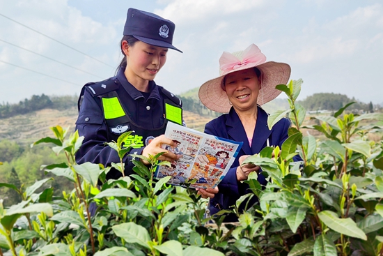 貴州甕安：茶園好“警”色 護航茶經濟_fororder_甕安縣公安局永和派出所民警到永和茶場開展反詐宣傳。（田洪林 攝）.JPG