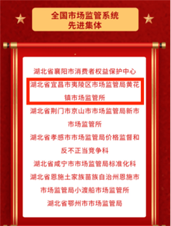 宜昌市夷陵區黃花鎮市場監管所榮獲“全國市場監管先進集體”稱號