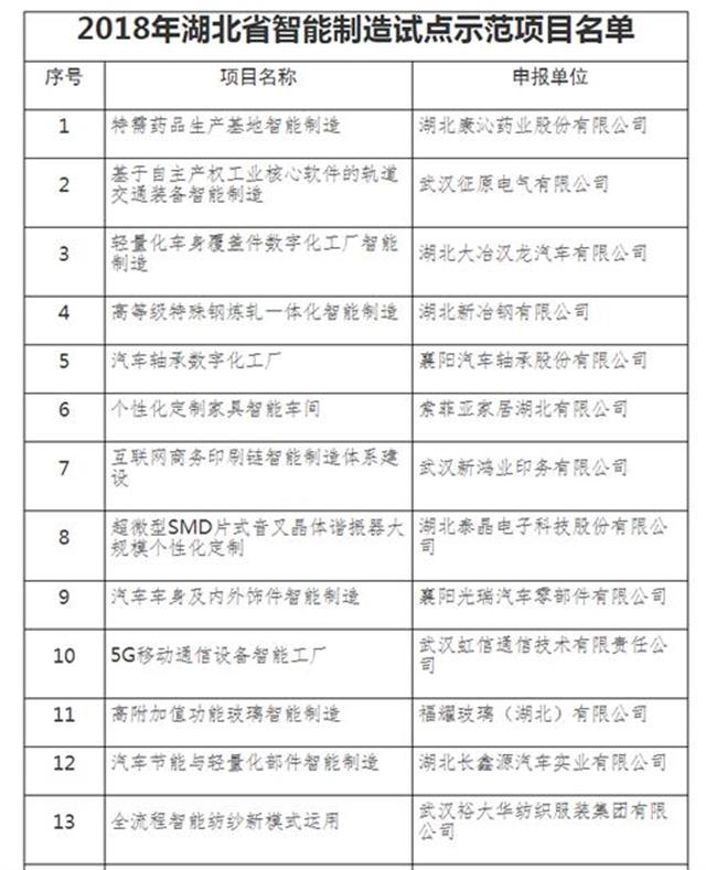 2018湖北省智慧製造試點示範項目出爐 31家企業榜上有名