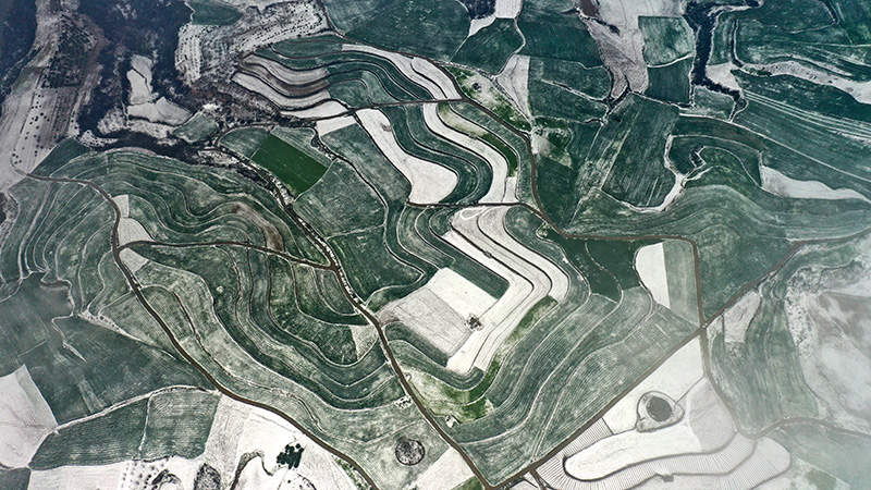 湖北丹江口萬畝梯田春雪飄落