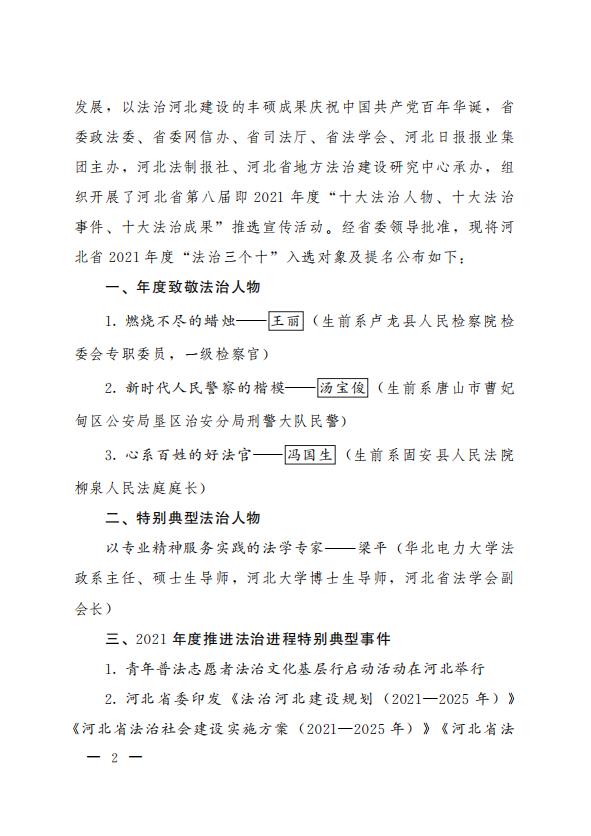 關於印發河北省2021年度“十大法治人物、十大法治事件、十大法治成果”推選結果的通知