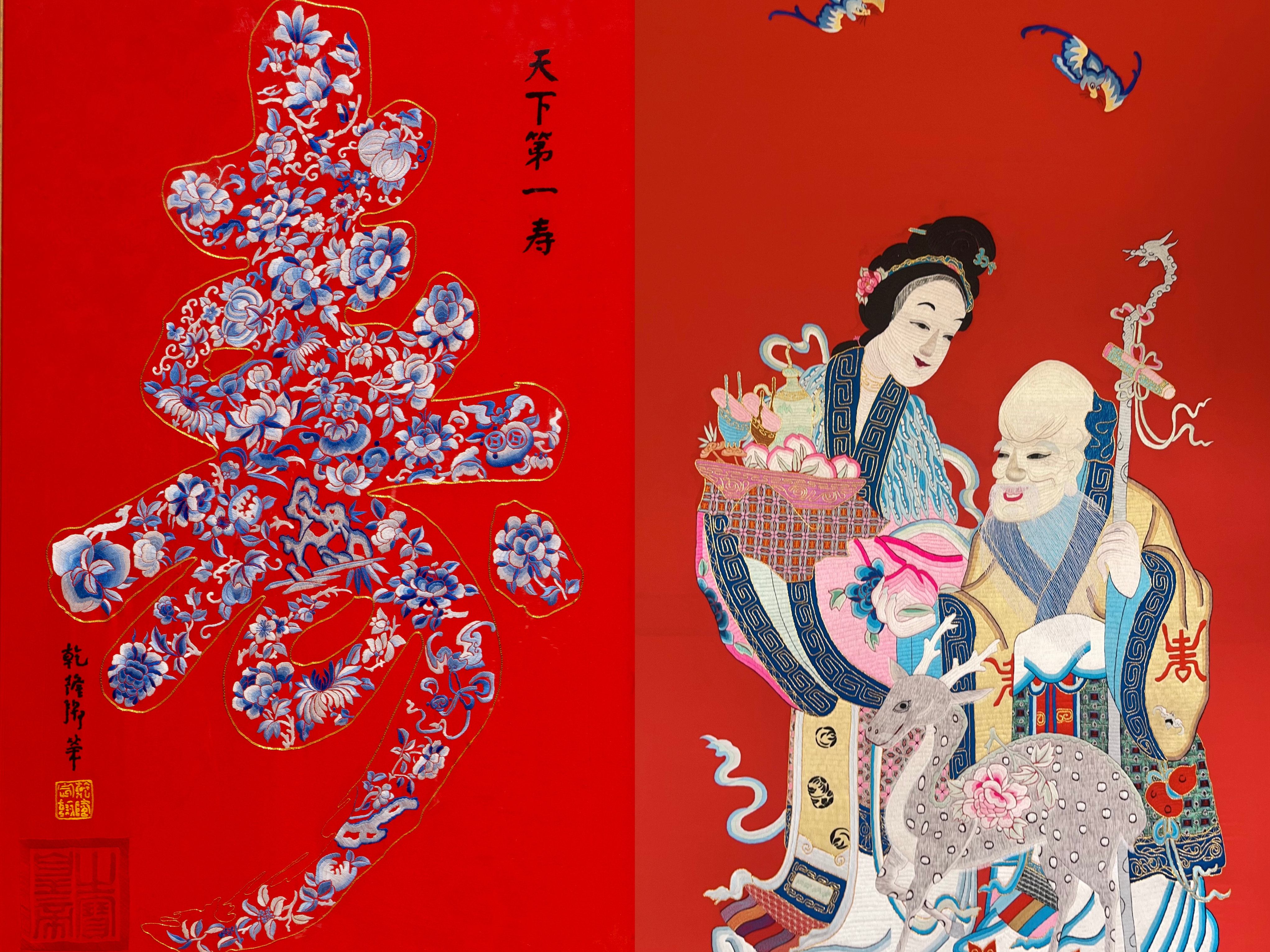 河北唐縣：一針一線繡出鄉村新畫卷_fororder_現場展出的兩幅作品照片。蘇培攝