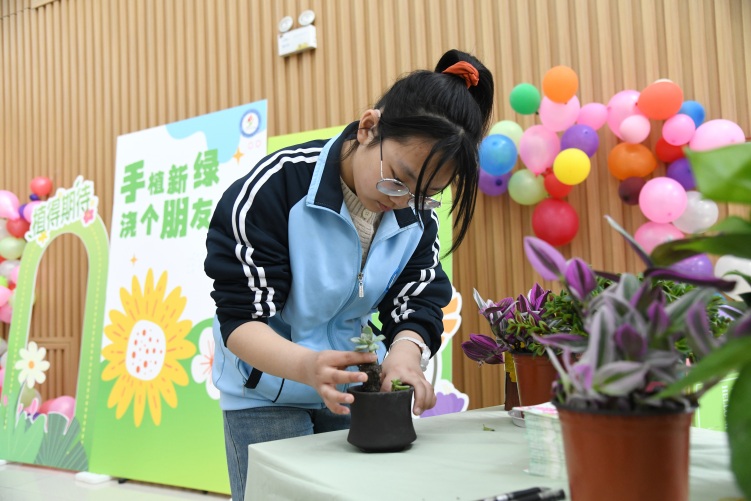 河北承德：綠意萌動 特殊孩子種下希望_fororder_圖為承德市特殊教育學校啟音學生正在栽種綠植 張雨樵 攝.JPG