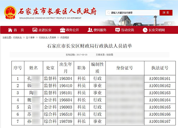【社會 文字列表】列表標題：石家莊政府官網大面積洩露執法人員隱私信息  文中標題：石家莊政府官網大面積洩露執法人員隱私信息，官方已通知刪除