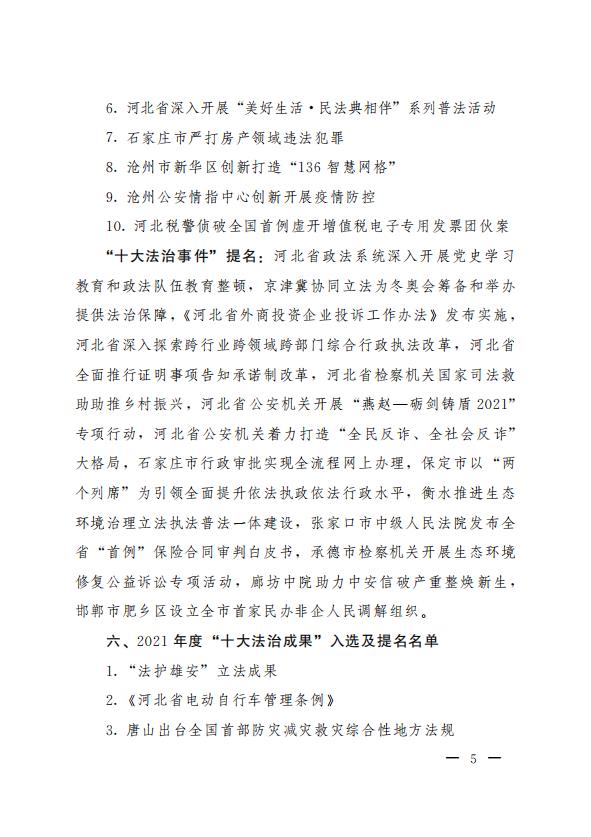 關於印發河北省2021年度“十大法治人物、十大法治事件、十大法治成果”推選結果的通知