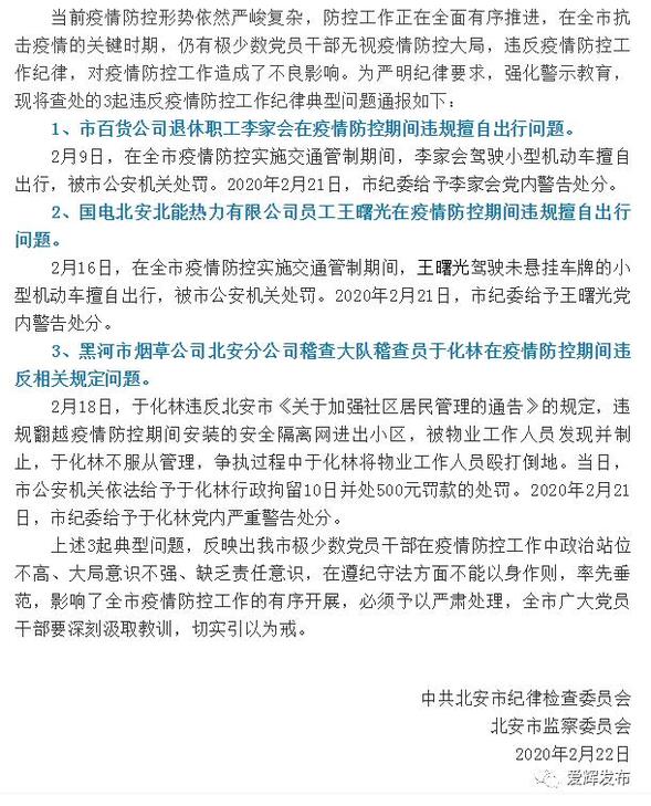 黑河：關於違反新冠肺炎疫情防控工作紀律的通報