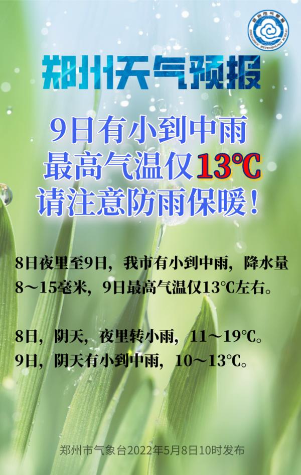 鄭州新一輪冷空氣來襲 5月9日最高氣溫僅13℃