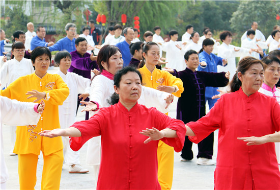 河南南陽臥龍崗文化園開園_fororder_群眾在臥龍崗文化園內表演太極.JPG