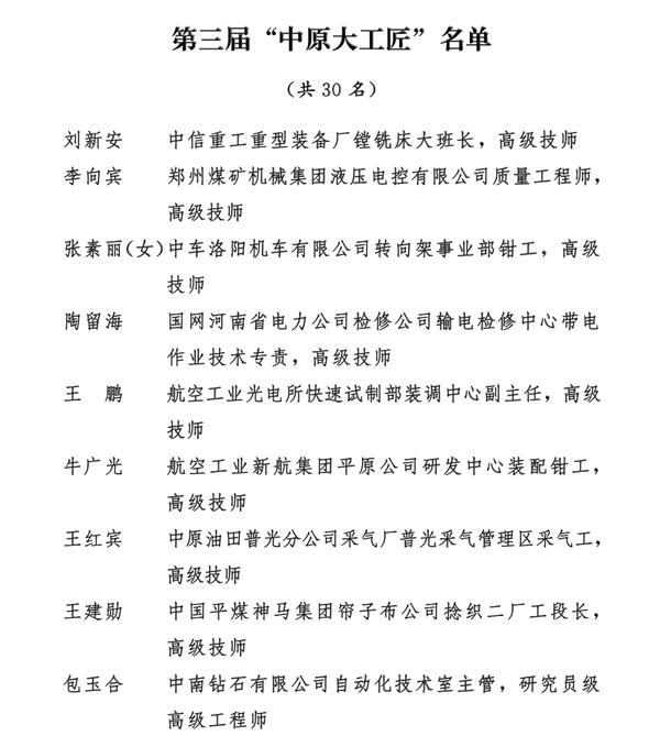 【河南在線-文字列表】【移動端-文字列表】 河南30名“中原大工匠” 50個“創新工作室”受表彰