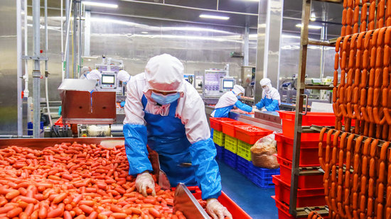 南陽市社旗縣:小烤腸繪就産業惠民新圖景_fororder_工人在製作烤腸 攝影 劉靖童.JPG