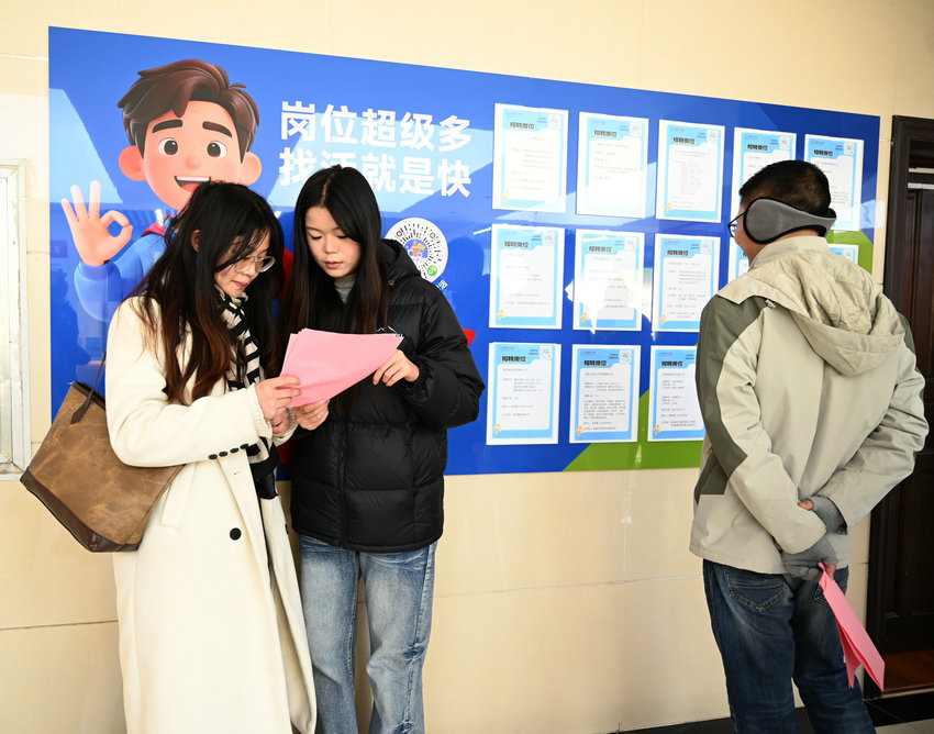 信陽​新縣：“職引未來”匯聚人才力量_fororder_求職者正在看招聘信息（焦漢平 攝）