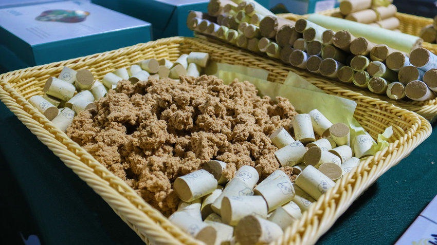 河南南陽:千年藥都煥新彩 中醫藥傳承創新譜華章_fororder_南陽仙草藥業有限公司展示的艾絨和艾柱.JPG