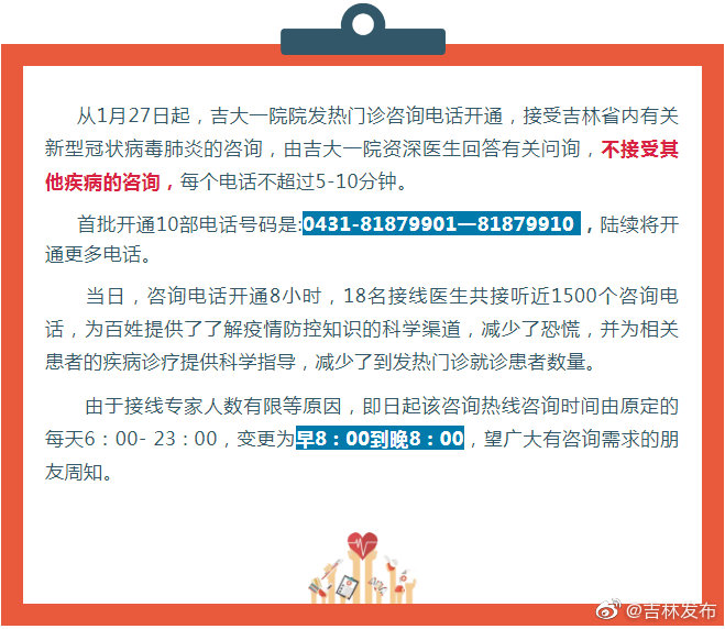 吉大一院發熱門診諮詢電話接通時間更改為早8時到晚8時