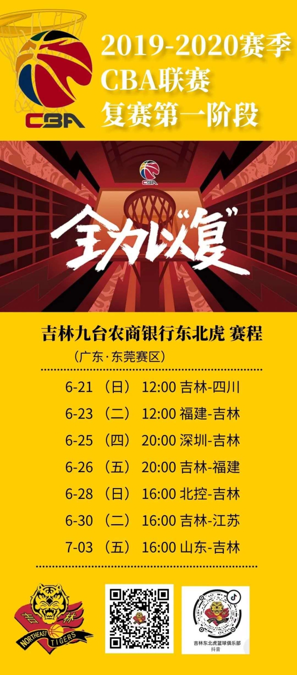 CBA復賽第一階段賽程確定 吉林東北虎21日12時首戰四川