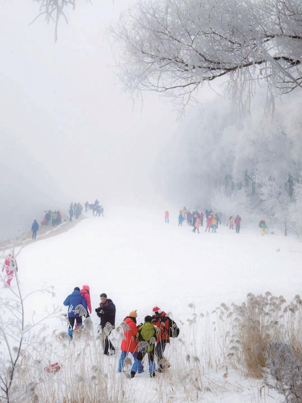 吉林市：滑雪天堂 燃情熱“雪”_fororder_在松花江畔，遊人欣賞著霧凇美景，暢遊在“童話世界”裏。