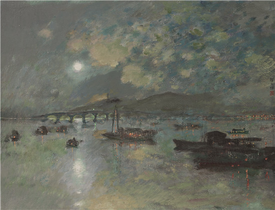 與自然迴響——蘇州美術館館藏“蘇美寶笈”系列展（時節篇）開展_fororder_顏文樑 《石湖串月》48cmx63cm 油畫  1982 