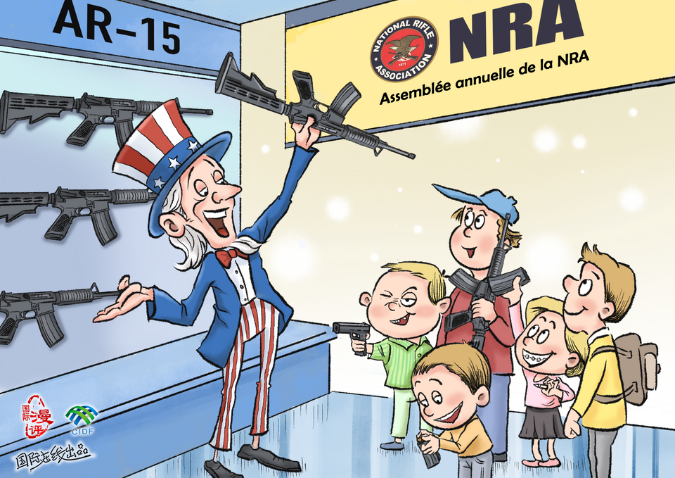 【Actualité en caricatures】Éducation au port d'armes dès l'enfance ?_fororder_擁槍教育從娃娃抓起？（法）