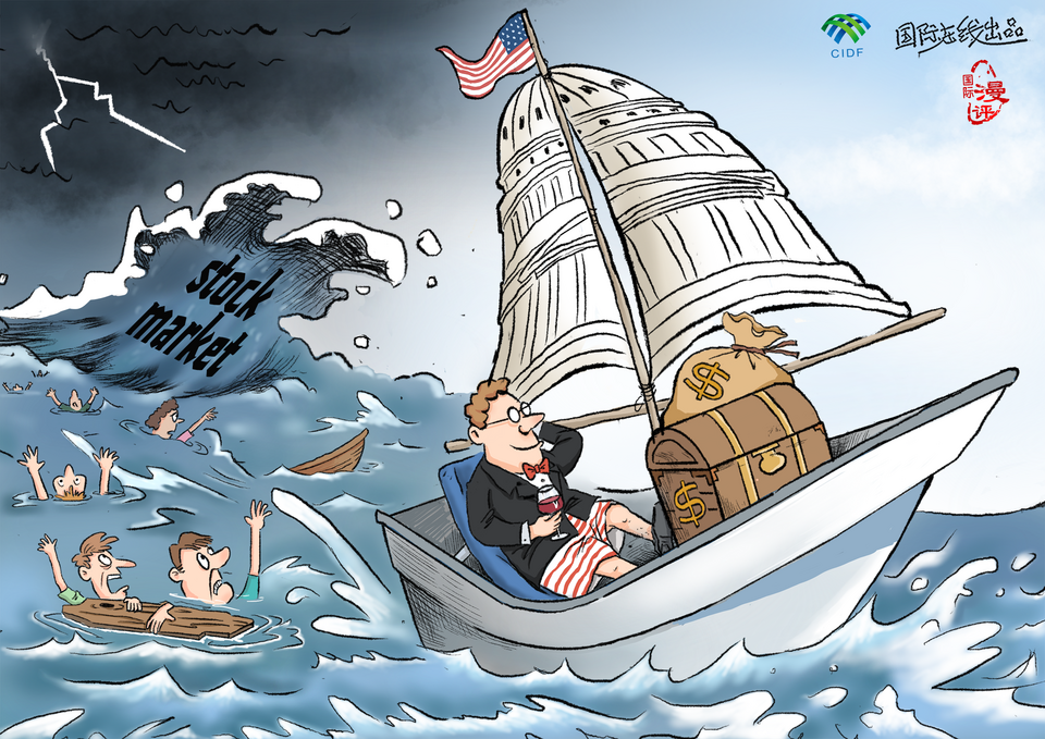 【Editorial Cartoon】Gods of stocks braving winds and waves_fororder_英語版