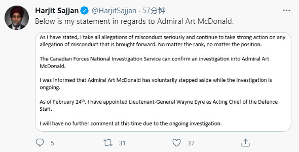 加拿大國防參謀長辭職