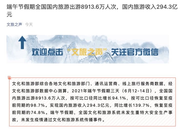 端午節假期全國國內旅遊出遊8913.6萬人次