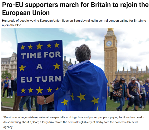 後悔脫歐了，英國部分民眾呼籲重新加入歐盟