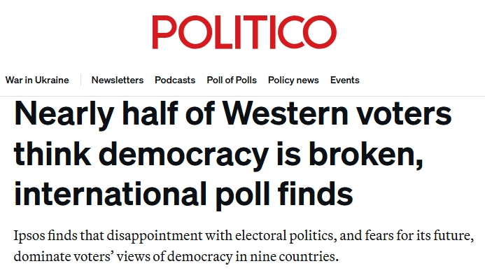 全球媒體聚焦|民調顯示:半數西方民眾認為“民主已崩潰”_fororder_2