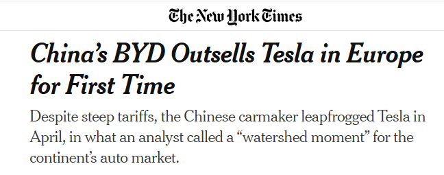 全球媒體聚焦丨美國媒體關注 中國品牌電動汽車在歐洲銷量首次超過特斯拉