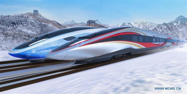 Voici les dessins des projets de trains olympiques à grande vitesse dévoilés par l'Académie des sciences des chemins de fer de Chine, le 23 avril 2018. La Chine projette d'achever, au premier semestre 2019, les tests des trains à grande vitesse qui relieront Beijing et Zhangjiakou, villes qui co-organiseront les Jeux Olympiques d'hiver 2022. Un prototype de ces trains sera construit et assemblé avant la fin de l'année.