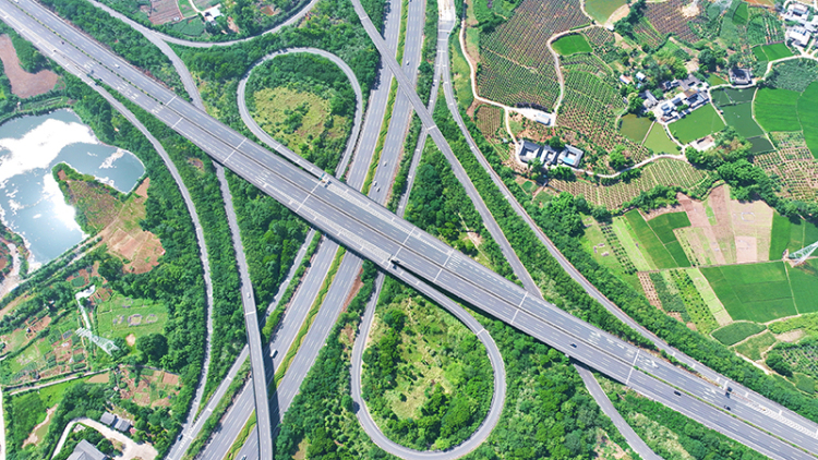 眉山仁壽：路網暢通 發展加速_fororder_2025年6月15日，航拍四川省眉山市仁壽縣黑龍灘鎮的成都三繞樞紐互通。-04