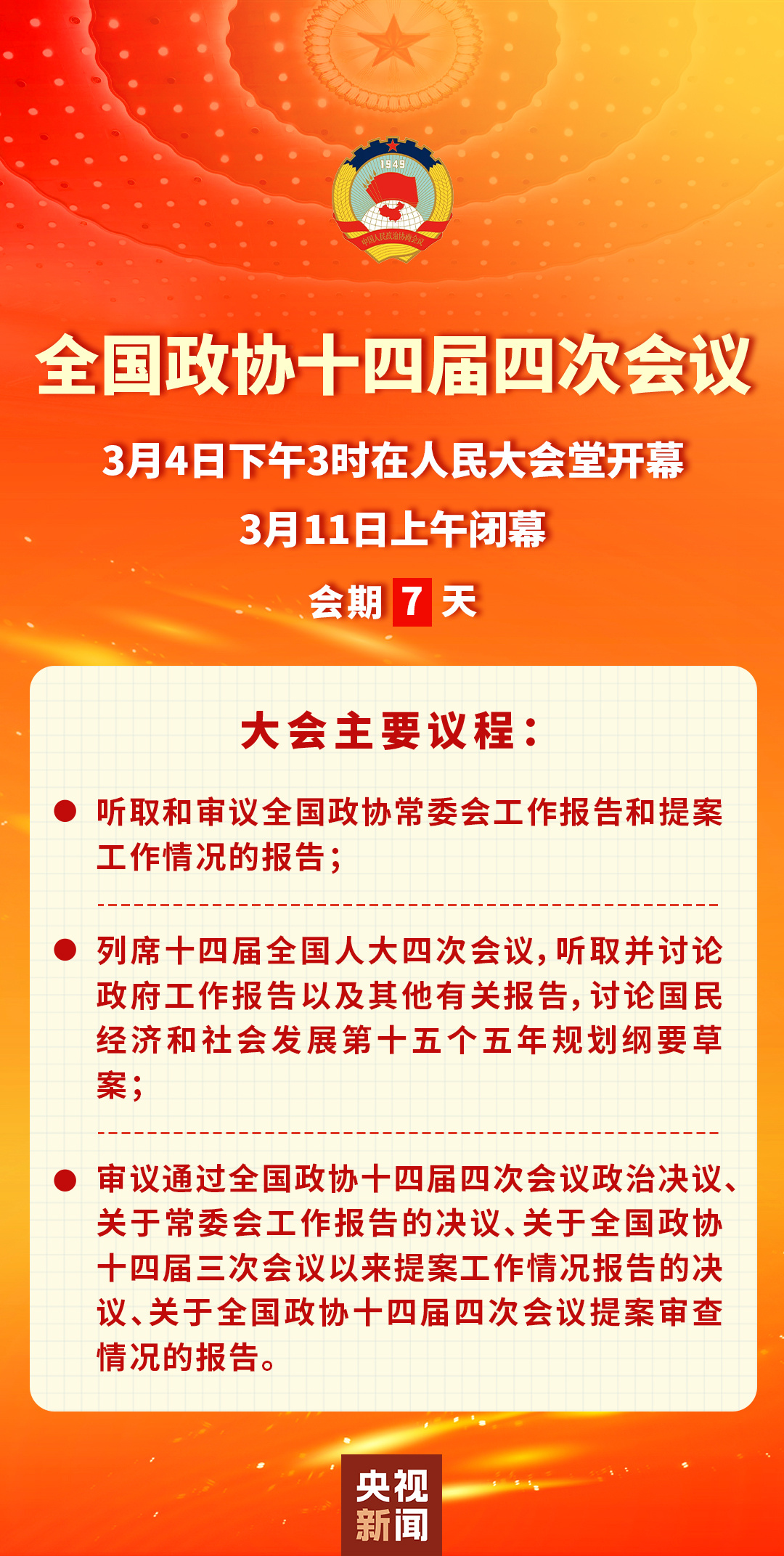 全國政協十四屆四次會議4日下午開幕 會期7天 主要議程公佈