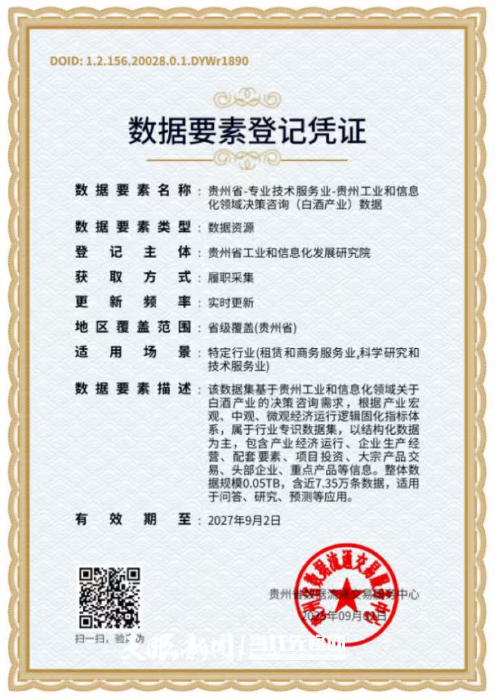 貴州發出首張工業和信息化領域決策諮詢數據要素登記憑證