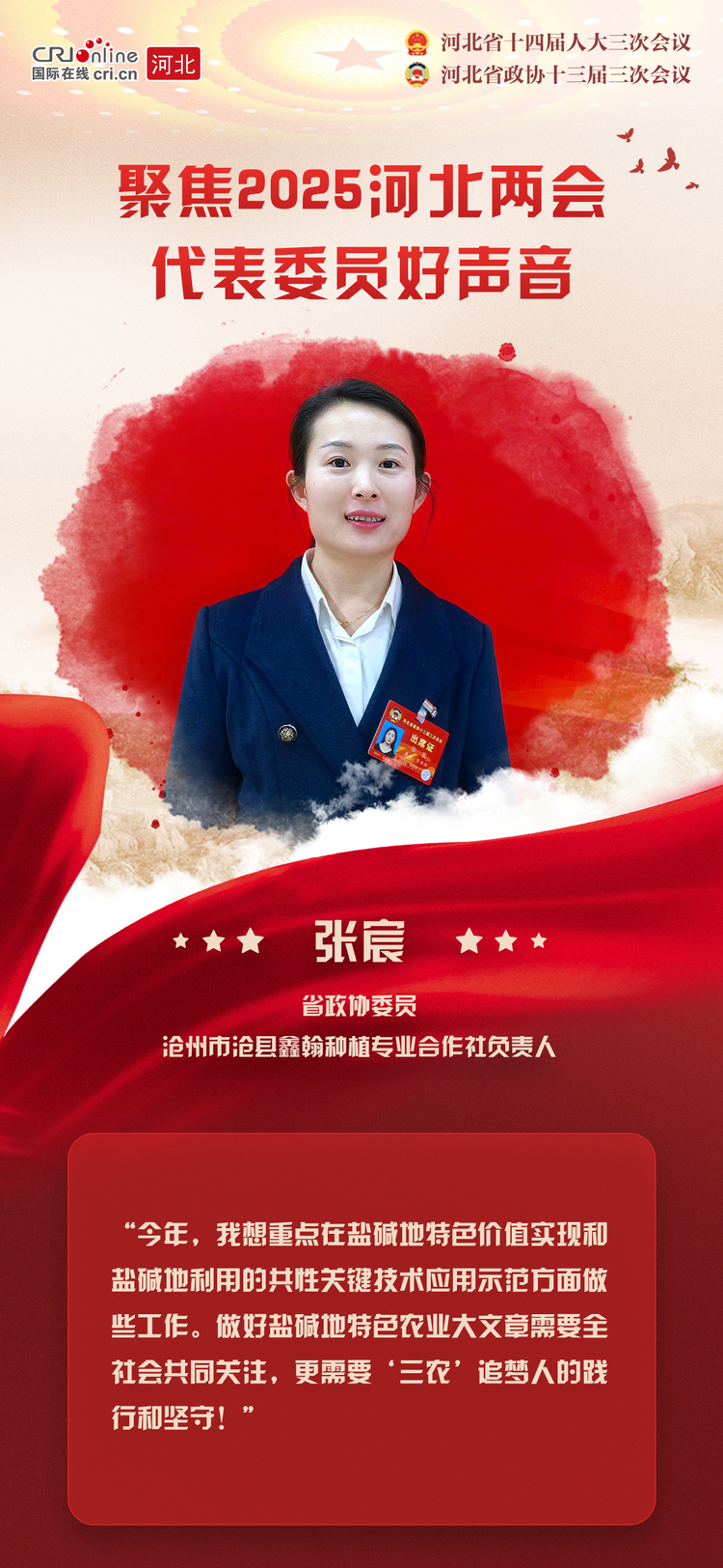 【海報】聚焦2025河北兩會丨省政協委員張宸：勇做鹽鹼地農業的踐行者