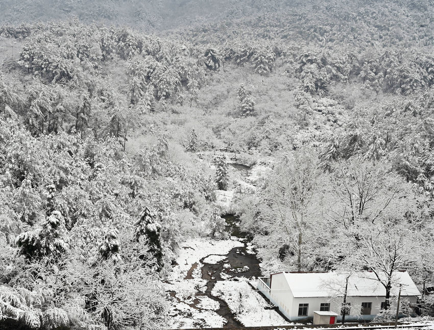 信陽市新縣:雪落紅城 美如水墨畫卷_fororder_雪中小屋(焦漢平 攝)