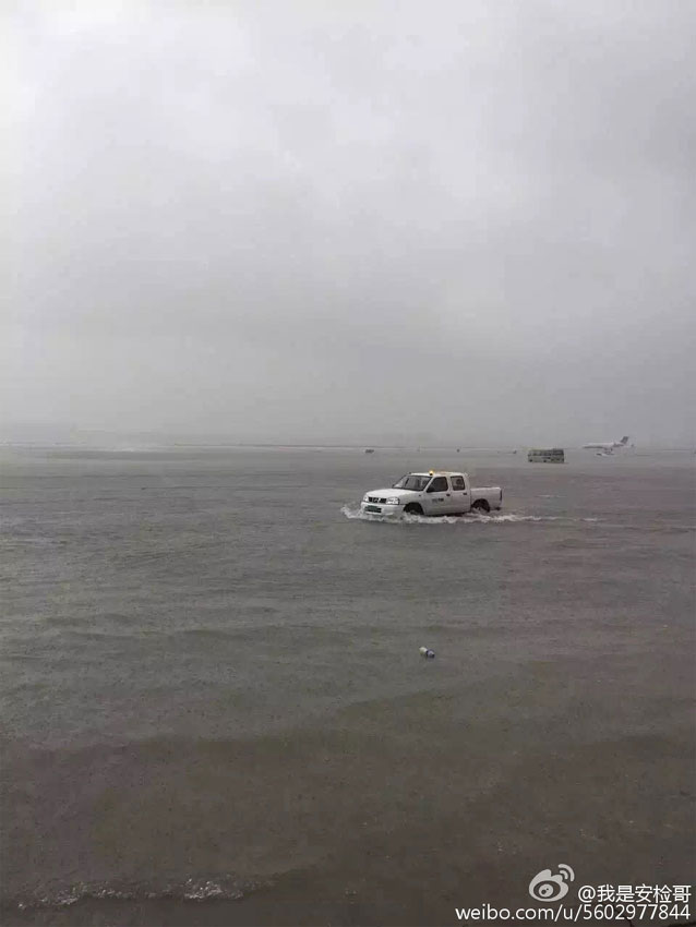 上海暴雨多處“看海” 虹橋機場飛機“水上漂”