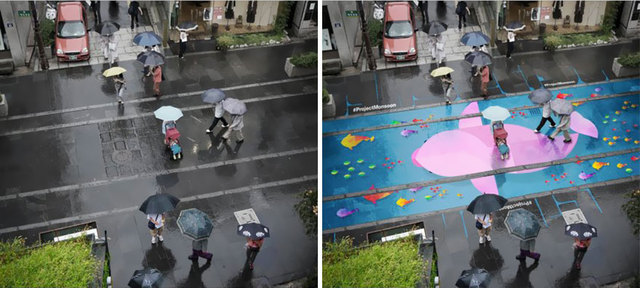 首爾街頭現神奇塗鴉 下雨天路面變卡通